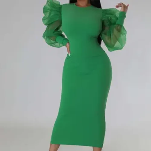 CM.YAYA Ayollar to'rli puf uzun yeng O-bo'yinli Bodycon Midi Maxi uzun ko'ylak 2023 Vestidos Vintage Club Kechki seksi partiya liboslari