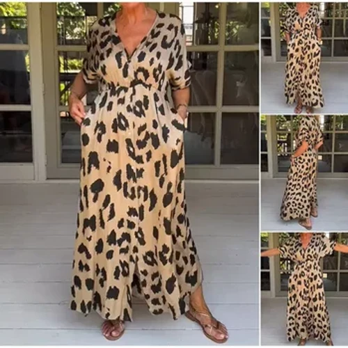 Rochie midi cu mâneci scurte cu mâneci scurte cu imprimeu leopard pentru femei, model șic, cu decolteu în V, cu talie, rochii lungi 2024, rochii de petrecere pe plajă
