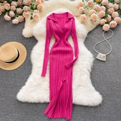 YuooMuoo Syksyinen Talvi Neule Rib Wrap Midi Lyijykynämekko Naisten Streetwear Korean pitkähihainen Bodycon Split Sweater Juhlamekko
