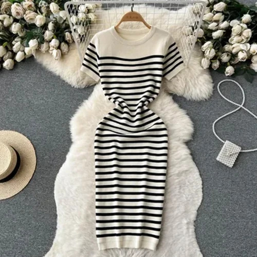 Mùa hè Sọc Đi Biển Dệt Kim Đầm Cổ Tròn Tay Ngắn Sang Trọng Hotsweet Slim Sundress Dạo Phố Y2K Bodycon Đầm Midi