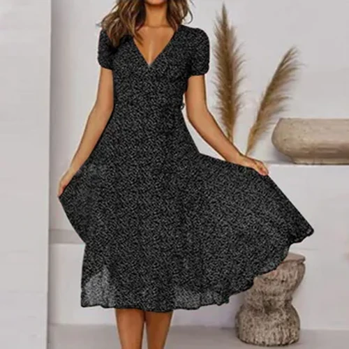 Mùa Hè Nữ Tay Ngắn Gợi Cảm Cổ Chữ V Hoa Chấm Bi In Hình Váy Đầm Boho Đi Biển Cho Nữ Thời Trang Midi sundress