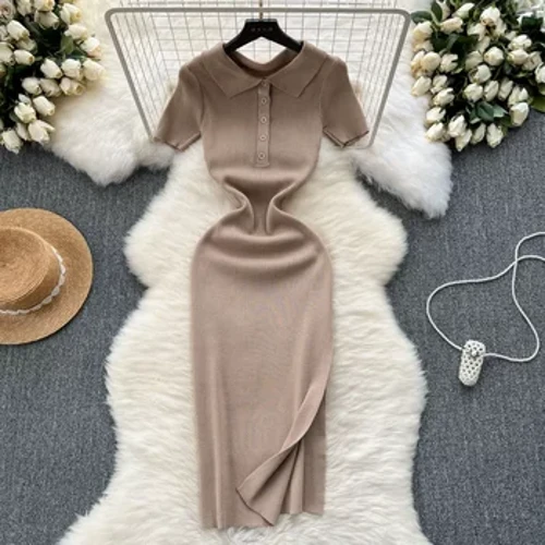Chic nafis o'ralgan yoqa qisqa qisma midi bodikon ko'ylak Sexy ayollar moda trikotaj o'rash Vestido elastik yupqa qalam ko'ylak