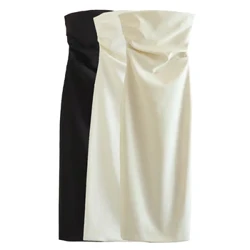TRAF Faisean mBan Strapless Bailithe Midi gúna Sexy Dhíreach Muineál Ar ais Slit Gúna Mná Vestidos Mujer