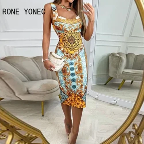 Naiste seksikad kõikjalt prinditud Vintage mustriga varrukateta Bodycon Midi seksikad peokleidid