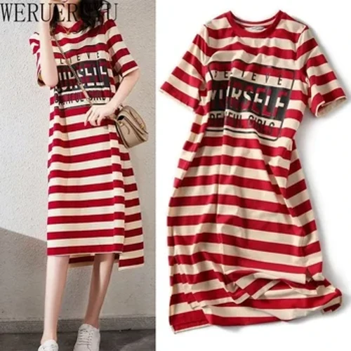 Rochie midi cu mânecă scurtă cu imprimeu în dungi Haine estetice de vară Moda coreeană Rochii casual Harajuku pentru femei 2023 Rochii