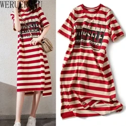 In Sọc Nữ Tay Ngắn Đầm Midi Mùa Hè Thẩm Mỹ Quần Áo Thời Trang Hàn Quốc Bông Tai Kẹp Váy Đầm Cho Nữ 2023 vestidos