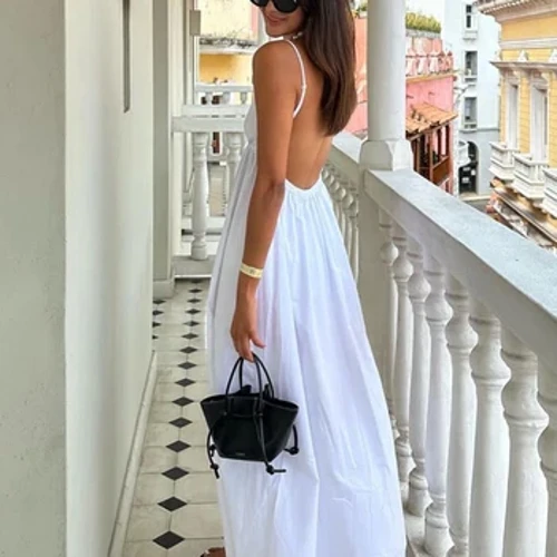 Seksi Backless Midi Elbise Kolsuz V Yaka Elbise 2023 Moda Yaz Kadın Nedensel Gevşek Plaj Elbise Tatil Beyaz Uzun Elbise
