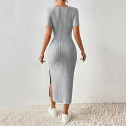 Summer Hip-deckt Split Kleed Elegant Quadrat Hals Strickte Midi Kleed fir Fraen Solid Faarf Split Hem Party Pendelkleed