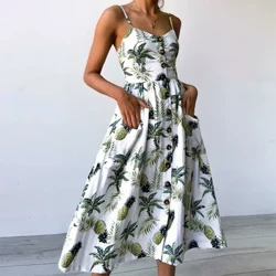 Mga Suspender sa Pagpi-print sa Beach Summer Robe Sling V-Neck Seeveless Women's Vesido Sexy Midi Dress Vestidos Elegantes Vestiti Donna