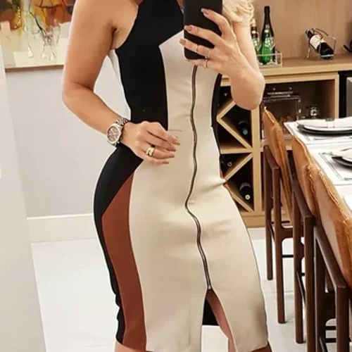 Colorblock Kolsuz Fermuar Tasarım Yaz Elbise Kadın Rahat Midi Hafta Sonu Elbise
