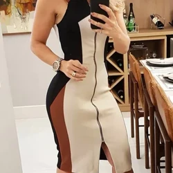 Colorblock Sleeveless Zipper Design Summer Kleed Fraen Casual Midi Weekend Kleed
