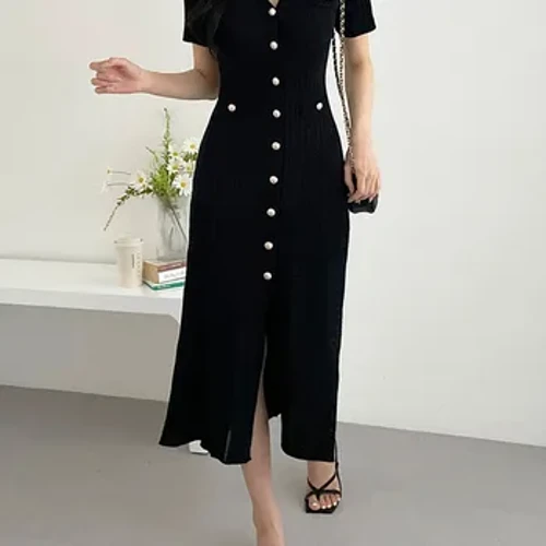Suvine midikleit naiste kootud must Bodycon Korea stiilis volangidega naiste kleidid Elegantne moodne vabaaja kleit naistele 2023