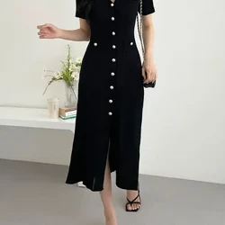 Sommer midi kjole kvinder strikket sort Bodycon Korea stil flæser dame kjoler Elegant mode afslappet kvinde kjole 2023