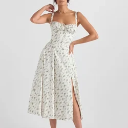 Fraen Summer Boho Spaghetti Bänner Split Oberschenkel Midi Kleed Tie Front Solid Blumendruck Ärmlos Vintage A Line Strandkleeder