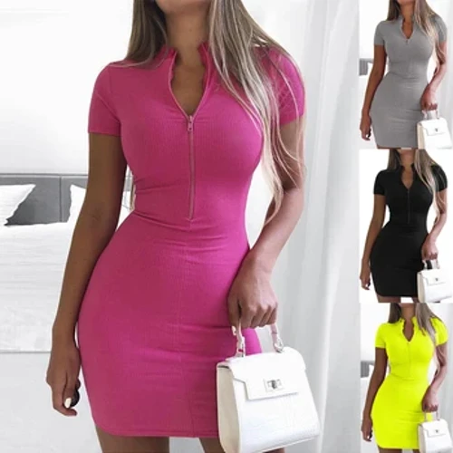 Women's Spring 2023 New Cross border European and American Dress Sexy Wrap Hip Skirt Short Sleeve Zipper miniskirt