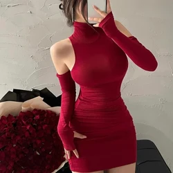 2023 Phụ Nữ Mới Của Mini Không Tay Xếp Ly Skinny Đầm Cổ Cao Phối Ren Mùa Thu Đen Chặt Co Giãn Đảng Xe Tăng váy