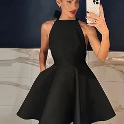 Sexy Backless Halter Mini Dress Wahine Paʻa Poʻohiwi Hollow Out A-line 2024 Spring Summer New Sleeveless Club Party Vestido
