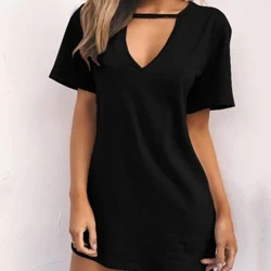 Ingubo Enhle E-Sexy Igoqa Ngokujulile Intamo Sika Ingubo Exekethile Abesifazane Umbala Oqinile Wemikhono Emfishane I-Mini Dress Club Party Vestidos