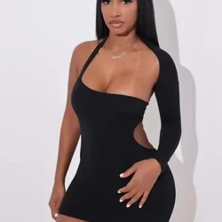 Weird Puss Hollow Halter Rochie femei de vară, fără spate, elastic, cu un umăr, mânecă lungă, petrecere de ziua de la miezul nopții, bodycon clubwear
