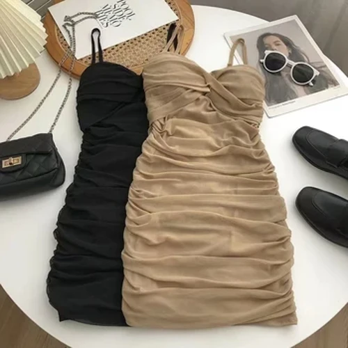 Mga Dress Pambabaeng Sexy Club Shirring Design Summer Leisure Lady Mini Straps Dress