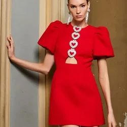 Gwddf crwn siâp calon Hollow Out Addurn Gwisg Mini Merched pwff llawes fer Ffrogiau A-lein fain 2024 Lady High Street Vestidos