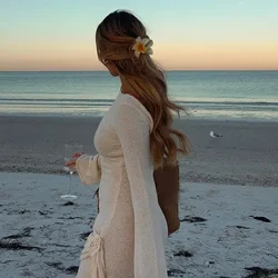 Ayollar yumaloq bo'yinli o'yib o'ralgan tasmali kalta ko'ylak Moda uzun yengli nozik mini ko'ylak 2024 yozgi ayollar ofisida yurish Vestido