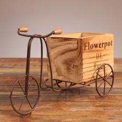 Retro Blummenpot Holz Vëlo-Form Succulent Planter Eisen Konscht Blummenpot Blummen Stand Heem Gaart Gaart Dekoratioun Handwierker