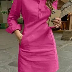 VONDA Naisten Mekko Kesä Elegantti Pitkähihainen Yksivärinen Paita Sundress 2024 Rento Löysät Napit Taskut Lyhyet Mini Vestidos
