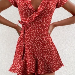 Rochie de vară pentru femei, în formă de A, dulci, elegantă, cu volane, cu decolteu în V, rochie scurtă, pentru doamnă, cu flori șic