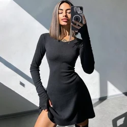 Vestidos elegantes y bonitos para mujer, novedad de Otoño Invierno, Vestido corto negro Sexy, minivestido ajustado de manga larga con cuello en V para mujer, Color sólido