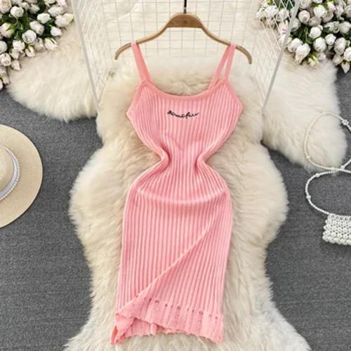 ʻAʻahu ʻulaʻula 2024 Letters Knitted Women Dress Summer Strap Sleeveless Bodycon Dress Europe Style Ladies Sexy Mini Short Dress