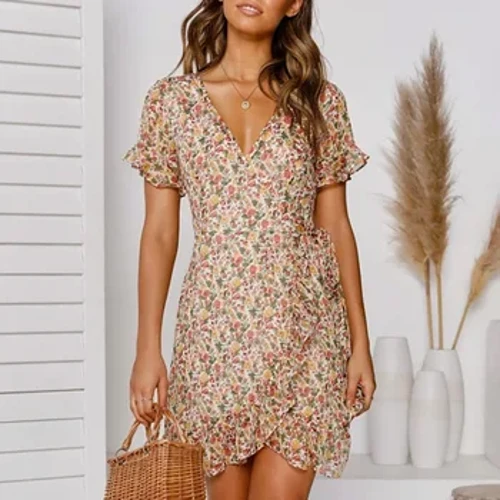 Gwisgoedd Merched Haf 2022 Argraffu Blodau Gwddf Sexy V Argraffu Traeth Bohemia Llewys Fer Llewys Fer A Line Gwisg Mini Sundress Robe