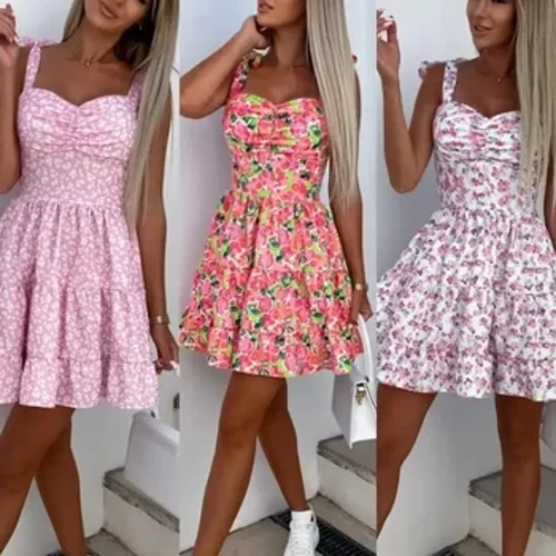 2023 Yozgi moda qisqa Boho ko'ylagi Ayollar Mini gulli bosma ko'ylak ayol yengsiz osilgan belbog'li bosma bel buklangan ko'ylak