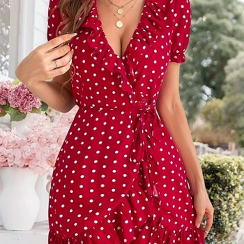 Phụ Nữ Mùa Hè Chấm Bi In Hình Mini Áo Cổ V Tay Ngắn Áo Nữ Thanh Lịch Một Dòng Đầm Dự Tiệc
