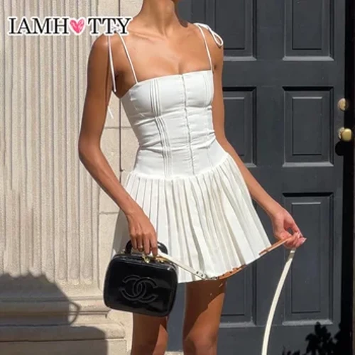 IAMHOTTY Вечерние и праздничные плиссированные корсетные платья без рукавов трапециевидной формы, белые шикарные мини-платья с пряжкой и шнуровкой, уличная одежда
