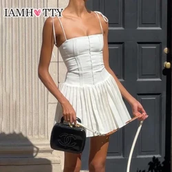 Gwyliau Parti IAMHOTTY A-lein Pleated Corset llewysg Gwisg Gwyn Buckle Up Strapiau Lace-up Ffrogiau Mini Chic High Streetwear