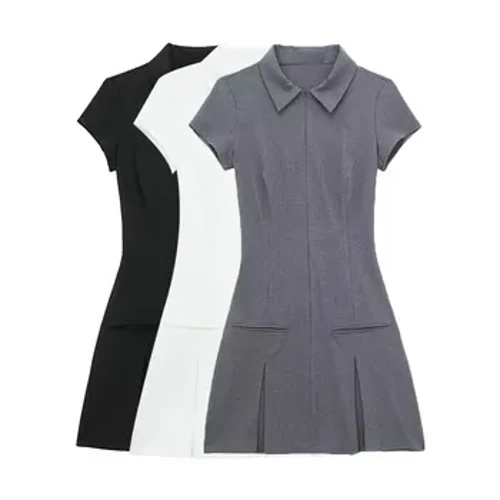 Gwisg Mini Pleated Zipper Blaen Merched TRAF, coler crys, llewys byr, ffrogiau benywaidd, ffasiwn