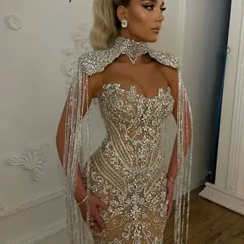 Arabisch Sexy Nude Meerjungfrau Trägerlos Funkelnde Quaste Perlen Luxus Abendkleider Illusion Nachthemden für Damen Hochzeitsfeier