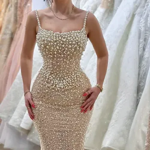 Šampanieša pērles ar pērlītēm rotātas spageti siksnas garas vakarkleitas Elegantas korsetes Nāras fliteras ballīšu kleitas kāzu pasākumiem