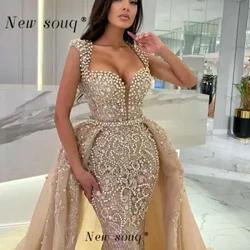 Champagne Hai Mảnh Nàng Tiên Cá Váy Dạ Hội Được Phủ Ngọc Trai Pha Lê Tiếng Ả Rập Chính Thức Overskirts Weddig Bữa Tiệc Tối Đồ Bầu