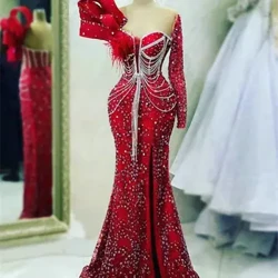 Dubai Burgundy One SHoulder hosszú sellő estélyi ruhák 2023-ból csillogó kristályláncok tollak születésnapi esküvői parti báli ruhák