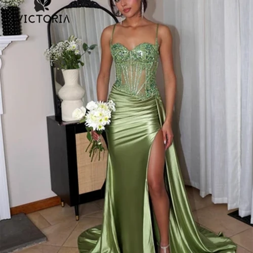 'Omaomao 'ōma'oma'o ki'eki'e Split Beaded Spaghetti Mermaid Prom Dresses no nā kaikamahine 'ele'ele 'a'ahu ahiahi 'a'ahu nani.