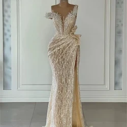 2024 Lấp Lánh Ánh Sáng Champagne Kim Sa Lấp Lánh Hứa Đồ Bầu Chiếu Trúc Hạt Nàng Tiên Cá Lệch Vai Tối Đầm Dự Tiệc Nữ Cuộc Thi Form Đầm Suông