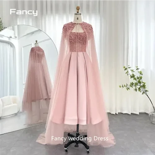 Fancy Luxury Dubai Pink Arabic Evening Dress with Cape Turquoise Ankellengde Kort Midi Women Wedding Party Dress
