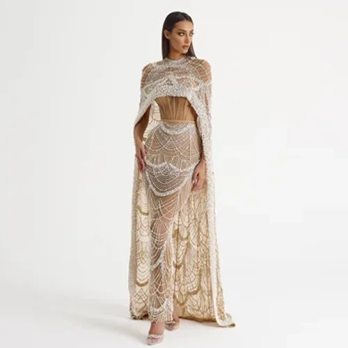 Şaron Lýuks Pearls Dubaý Şampan agşam köýnekleri, 2024-nji ýylda Keýp 2024 Täze Arap Aýallary Mermaid Toý Party Prom Prom SS369