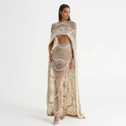 Dywedodd Sharon Ffrogiau Nos Siampên Dubai Perlau Moethus gyda Cape 2024 Newydd Arabaidd Merched Mermaid Priodas Parti Gwisg Prom SS369