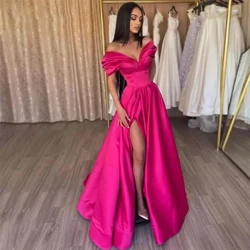 I-Elegant Pleats Prom Ingubo ye-Satin Side Slit Evening Dress Off Ephathini Yamahlombe Izingubo Zokuphromotha Zabesifazane Izingubo ezisemthethweni ze-soirée