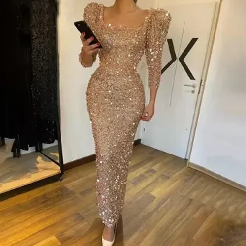 I-Elegant Champagne Sequins Izingubo Zephathi Yephathi Ye-mermaid Ene-Beading Square Neck I-Sash Yabesifazane Izingubo Zokuphromotha 3/4 Ingubo Esemthethweni Yemikhono