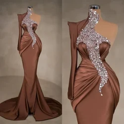 Prom Kleeder Héich Hals Owend Kleed Party Formell Neie Benotzerdefinéiert Plus Gréisst Zipper Mermaid Satin Spëtzekleeder Knéi-Längt Sweep Train Sequi