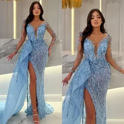 Robe de soirée sirène bleu ciel, effet d'illusion, col en V, manches longues, paillettes, robe de bal fendue, longue, pour occasions spéciales